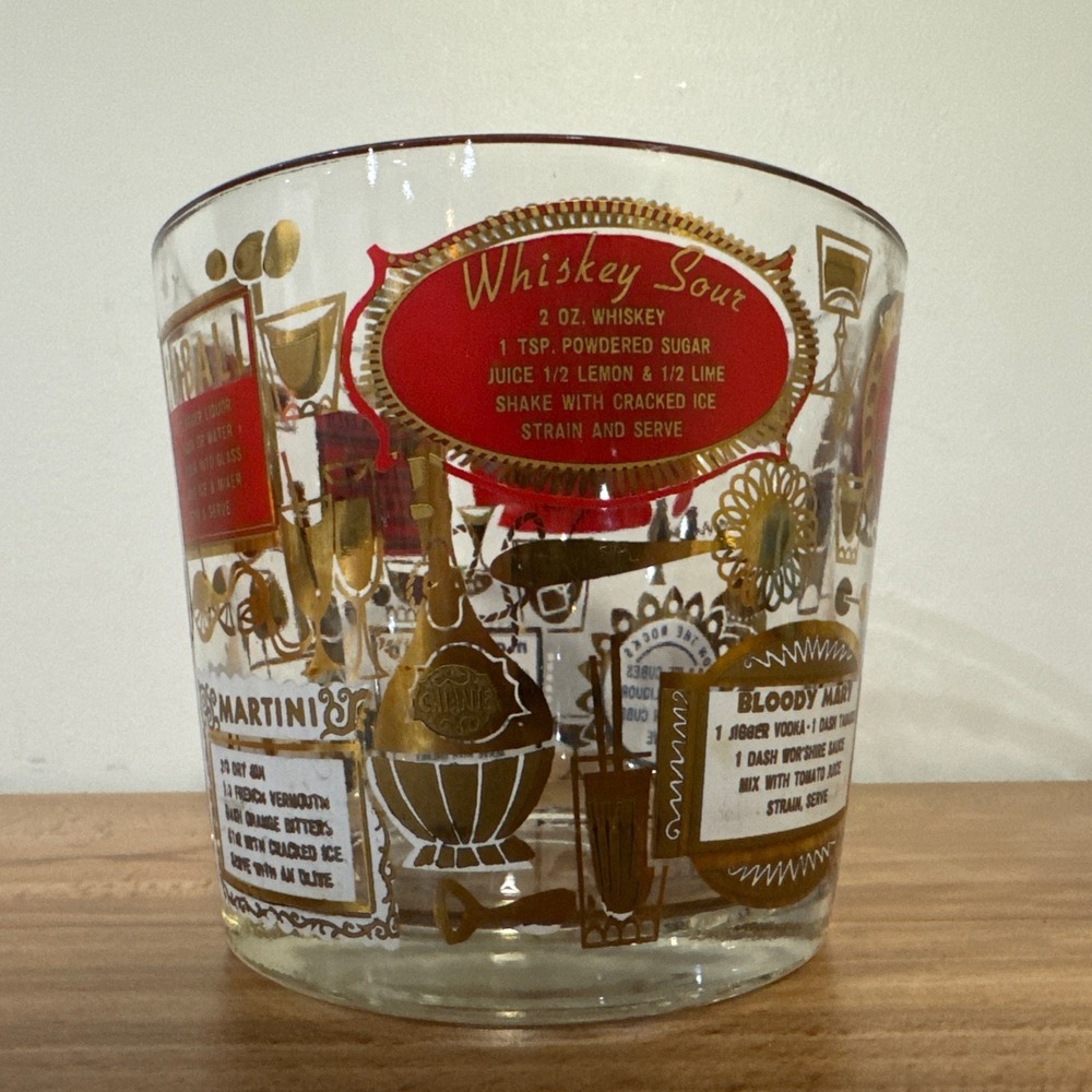 Vintage 60s Jeannette Glass Ice Bucket Gold Tone Drink Cocktail Ingredients MCM